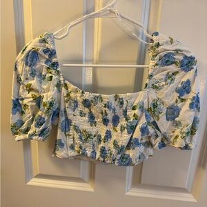 Zara Floral Puff Sleeve Blouse - Blue and Green